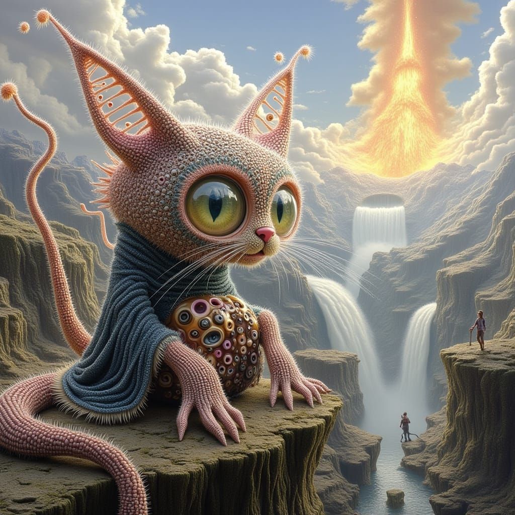 Surreal Cat Creature Overlooking Valley as Dark Fantasy Art