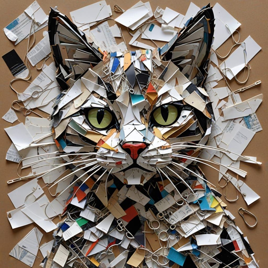 Assemblage Cat Collage of Whimsical Trash