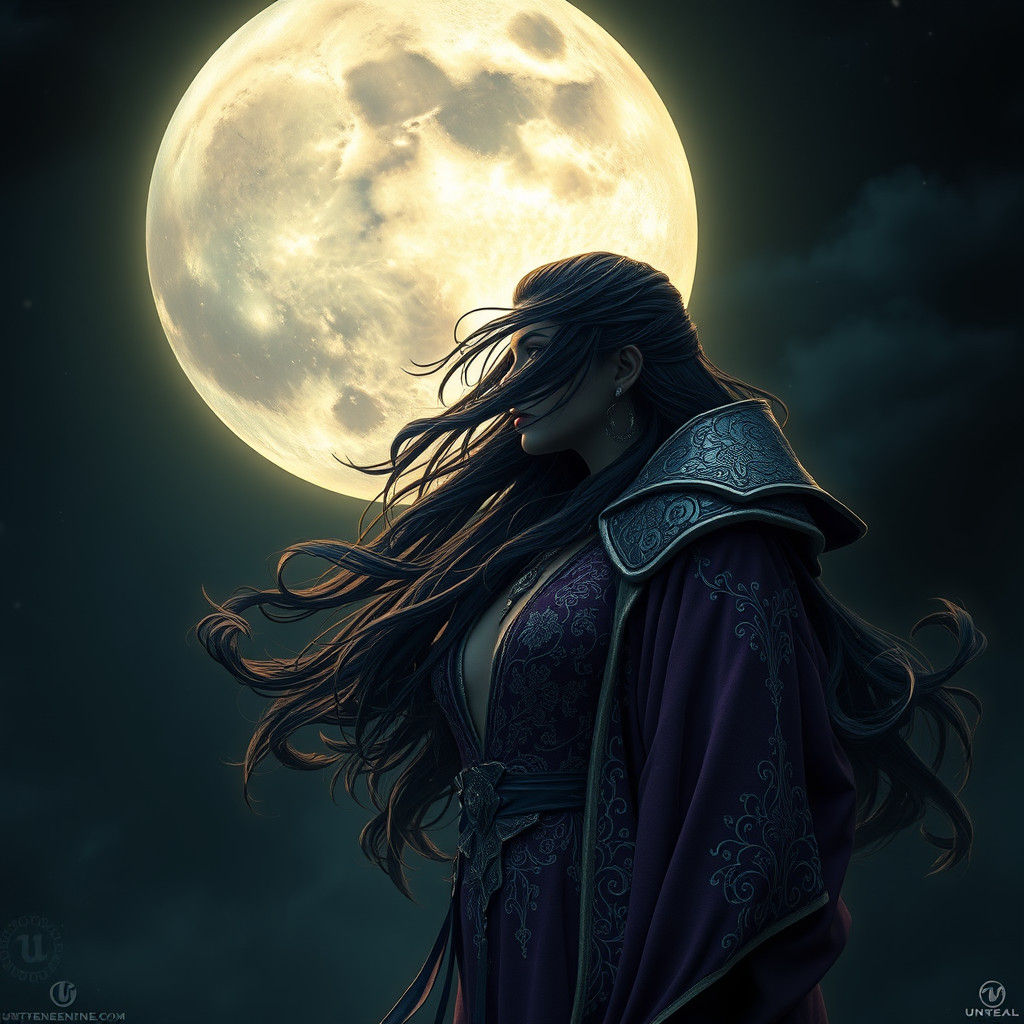 Mystical Woman Under the Moon, in Art Nouveau Style