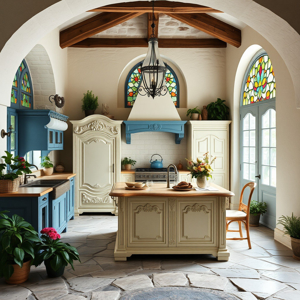 Elegant French Country Kitchen with Stone Arches