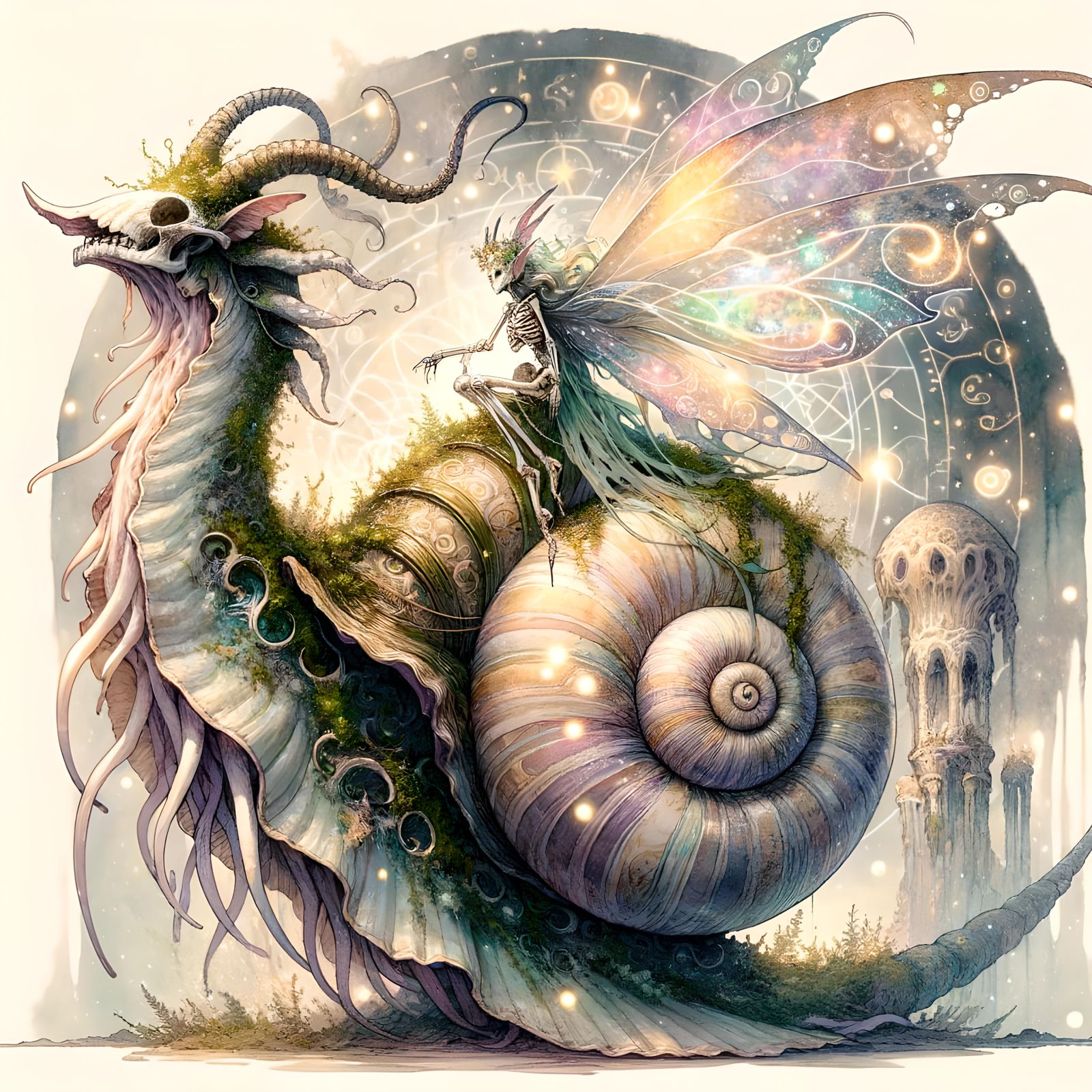 Eldritch Snail-Squid with Fairy Rider in Watercolor Style