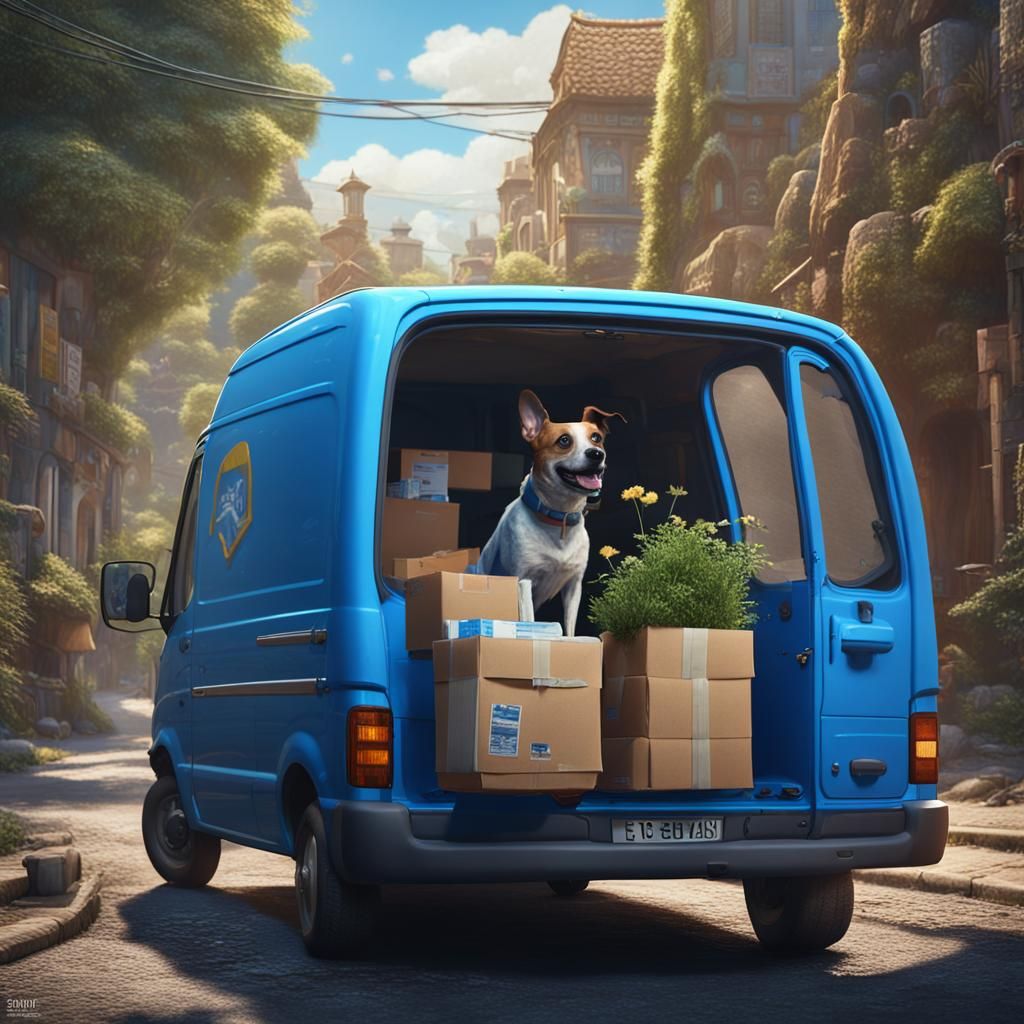 Dog Driver: Delivery Van in Detailed Matte Painting
