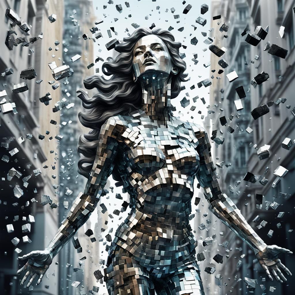 Glitching Silver Statue of Woman in Digital Art