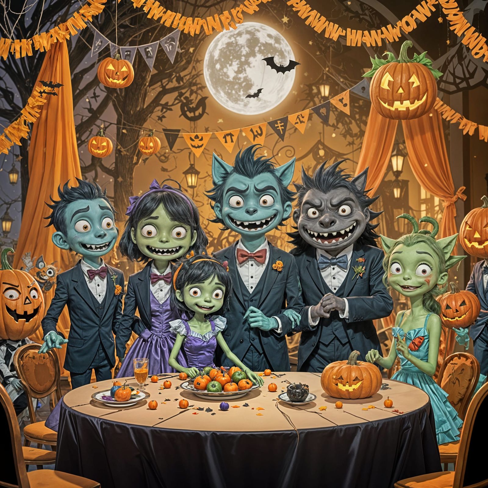 Animated Halloween Prom with Young Monsters in Pixar Style