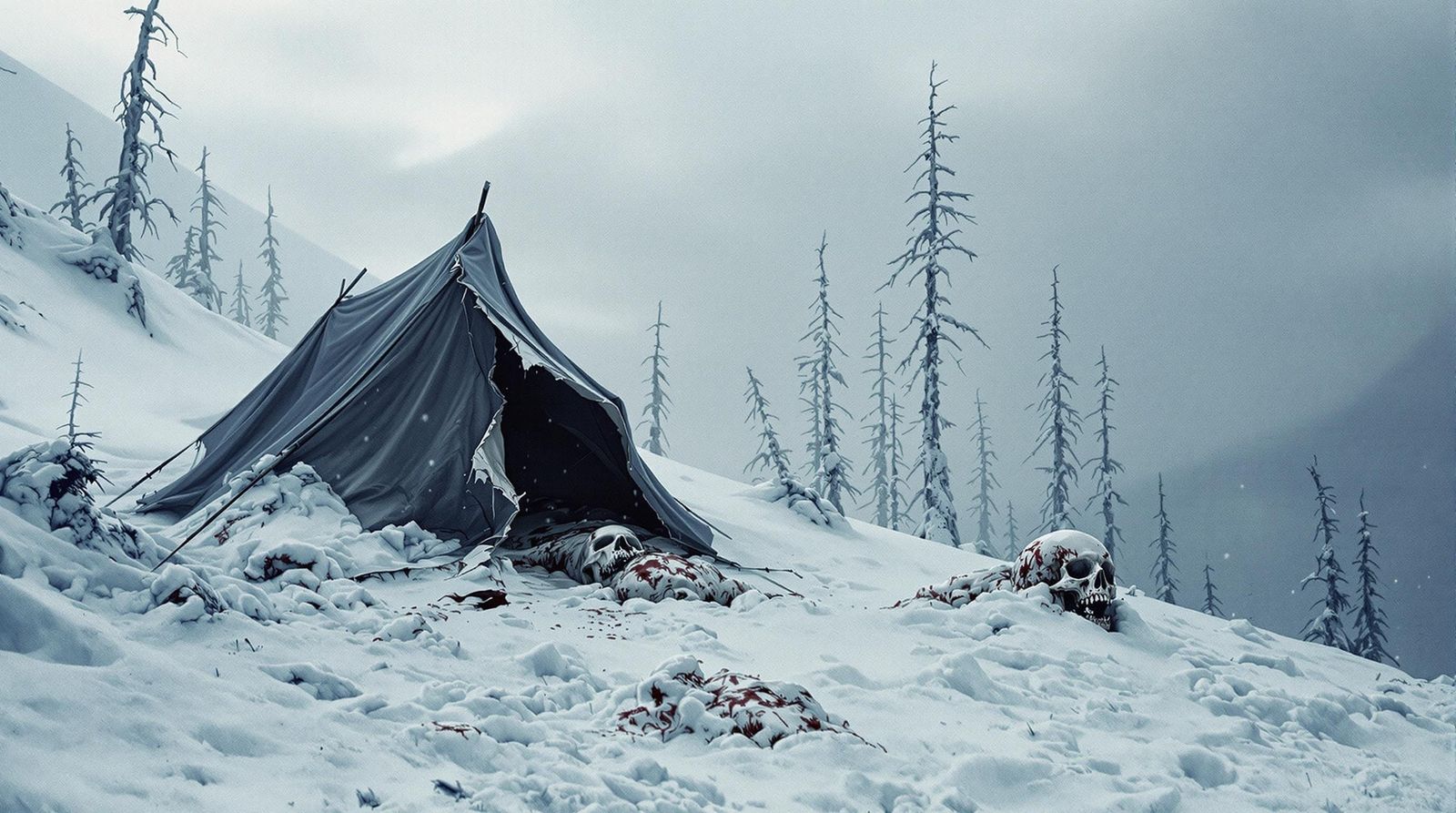 A Desolate Urals Mountain Slope: Snow-Encrusted Trees and Ab...