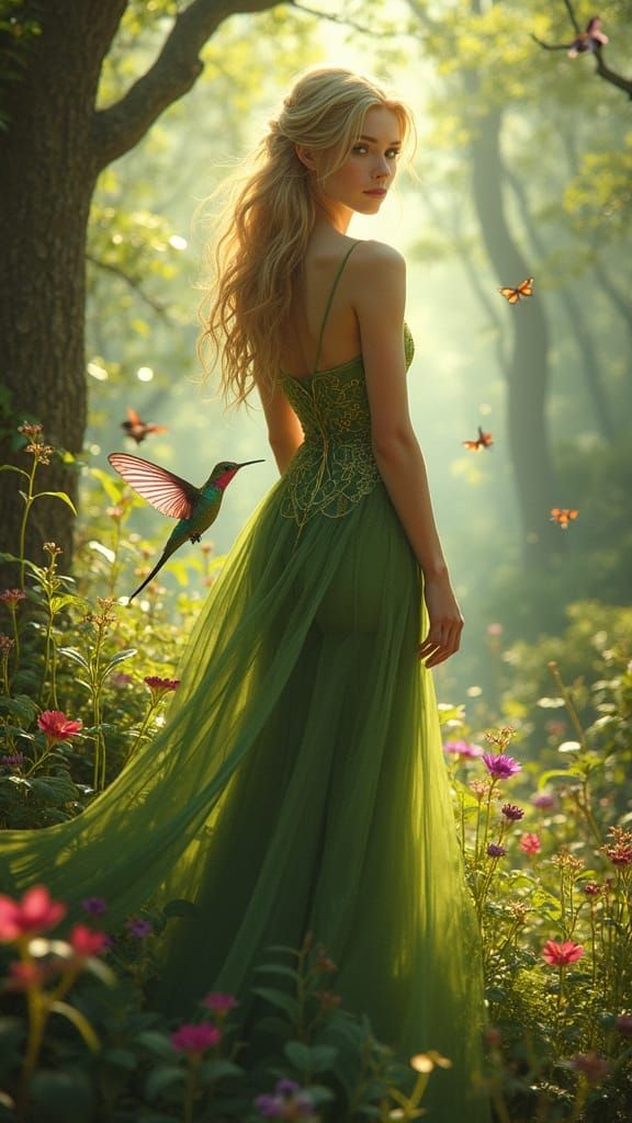 Lush Summer Forest Scene with Fairies, Hummingbird, and Elve...