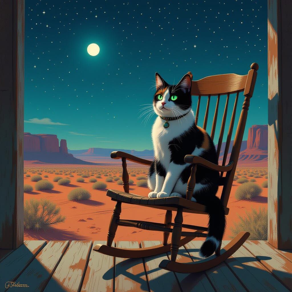 Calico Cat on Desert Porch in Surreal Style
