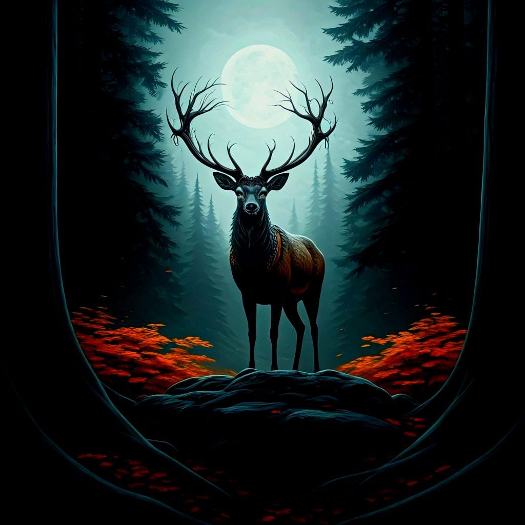 Majestic Buck in Moonlit Gothic Forest