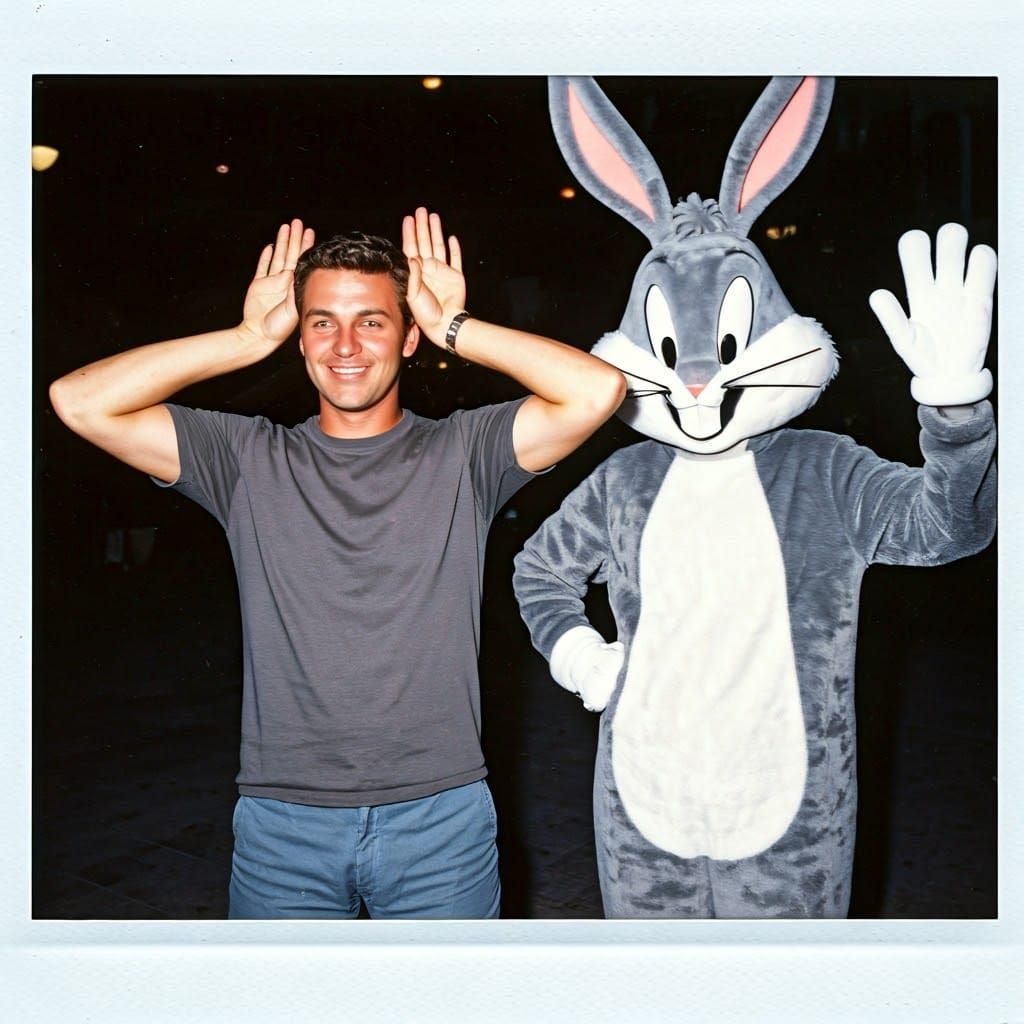 Tourist Poses with Bugs Bunny: 1970s Polaroid