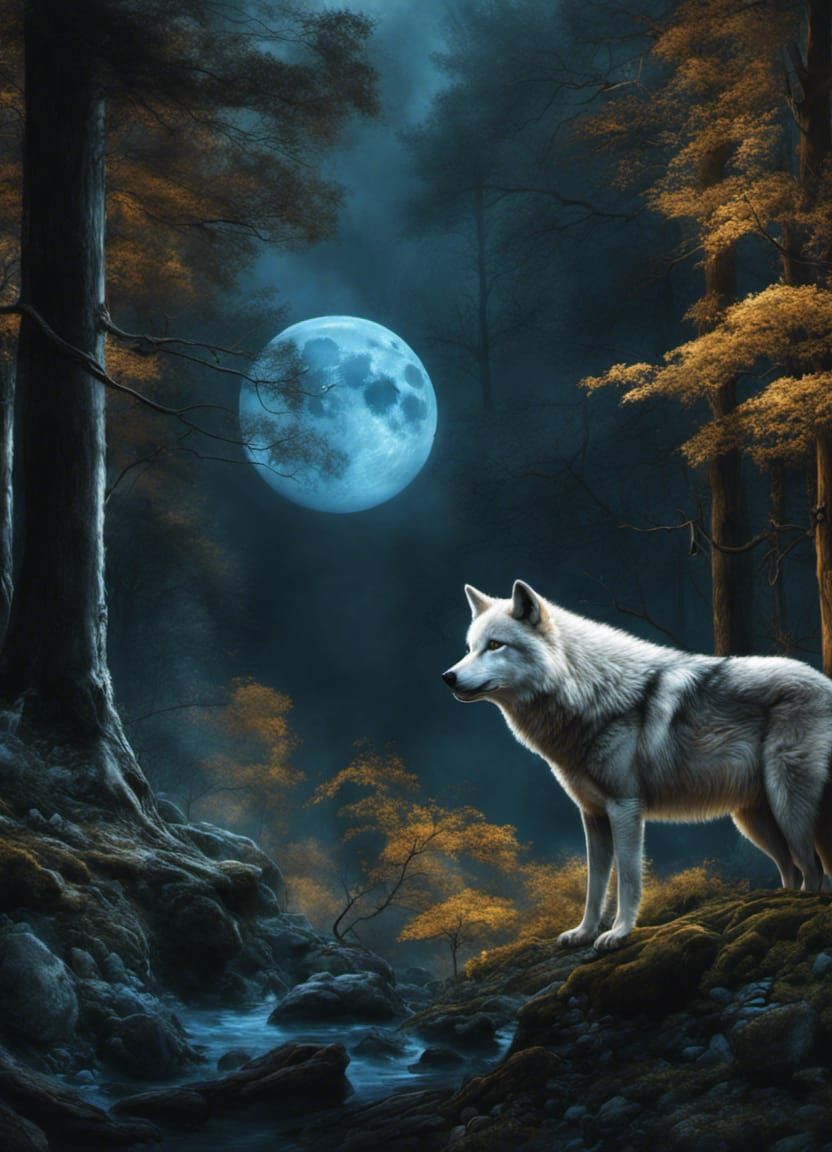 Majestic Wolves Under Blue Moon in Deep Forest