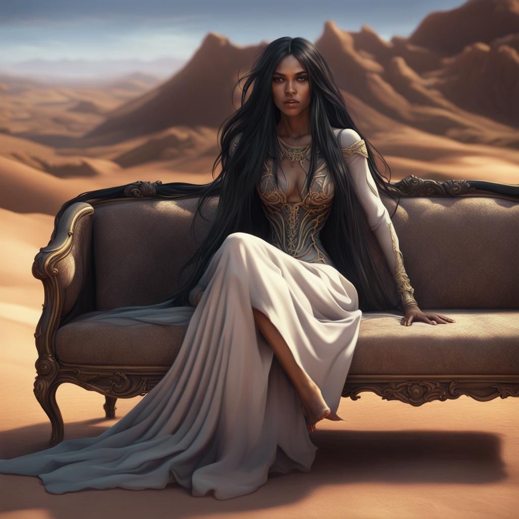 Goth Girl Languishing in Desert, Detailed Matte Painting