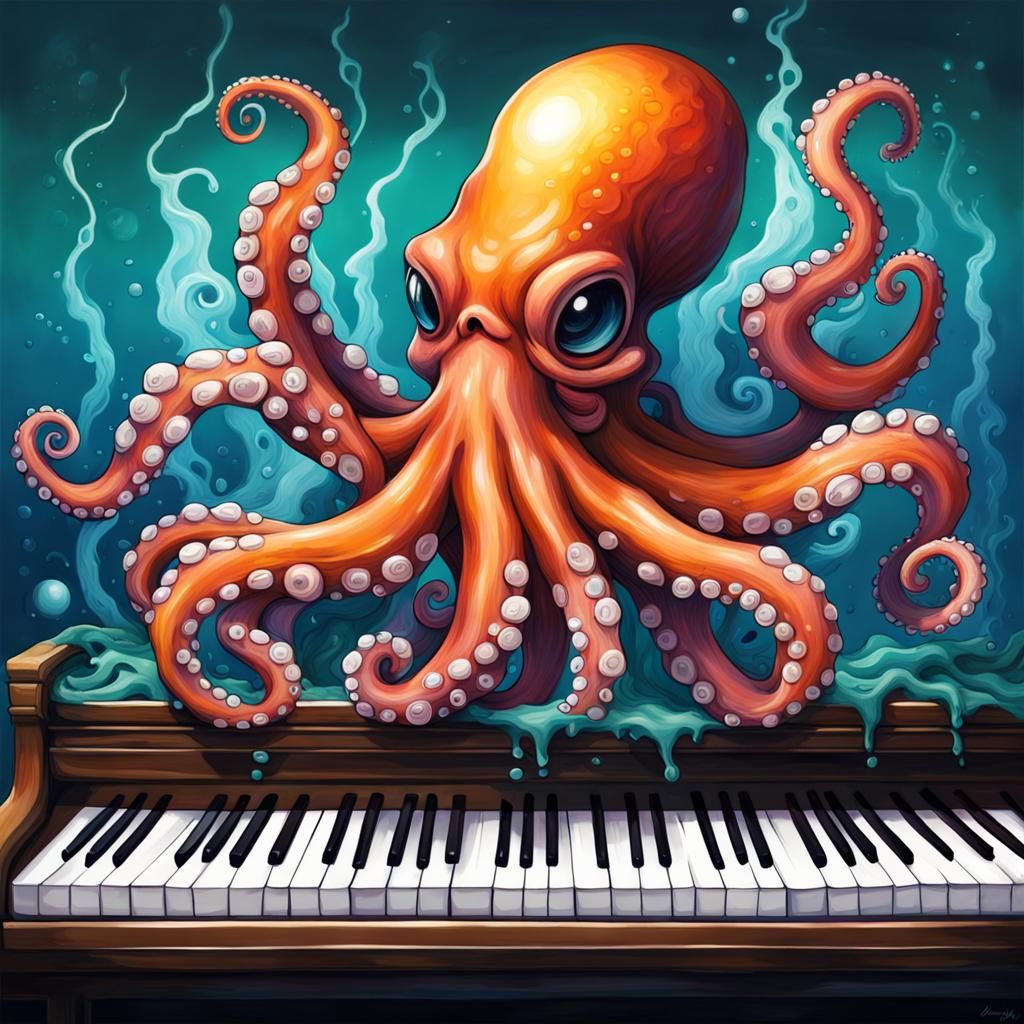 Octopus Plays Piano in Graffiti Art Style