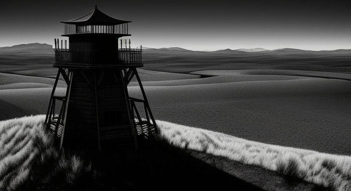 Moody Woodcut Watchtower in Barbed Wire Landscape