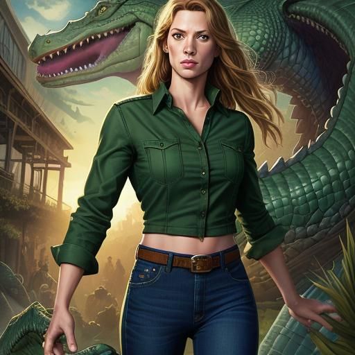 Green Jeans Models with Alligator in Comic Art Style