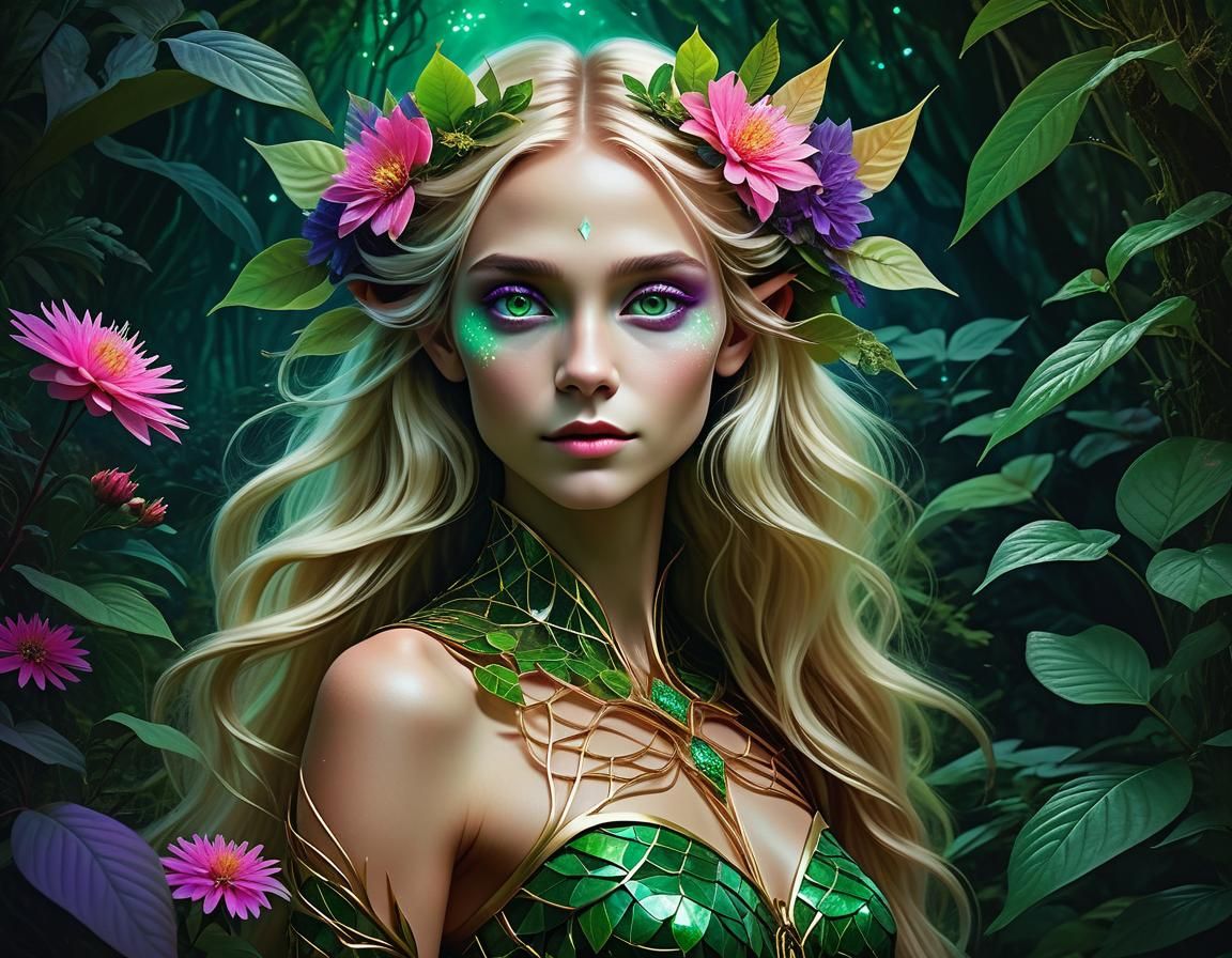 Beautiful elf woman in a green forest