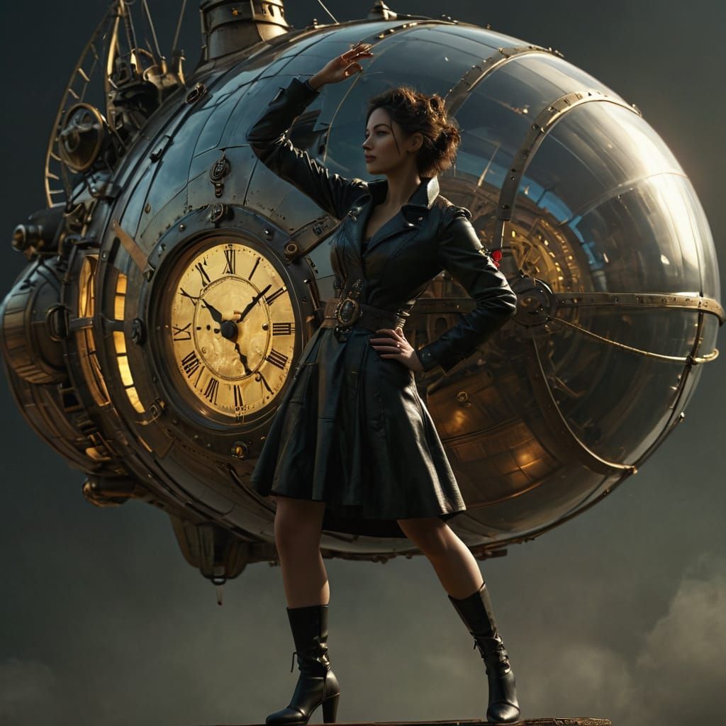 Clockpunk Woman in Retrofuturistic Airship
