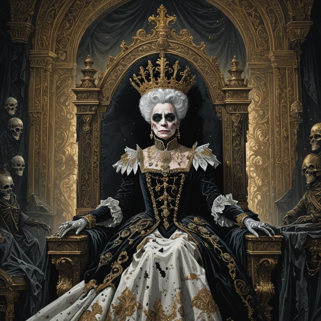 Pearly Queen on Tattered Throne: Dark Fantasy Illustration