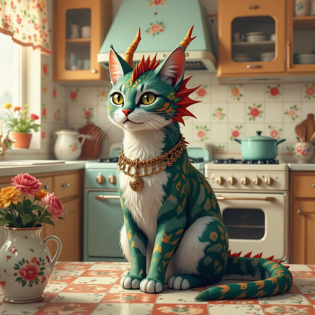 Whimsical Dragon Cat in 70s Soviet Kitchen