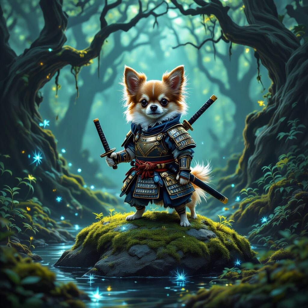 Chihuahua Samurai in Enchanted Forest, Dark Fantasy Art