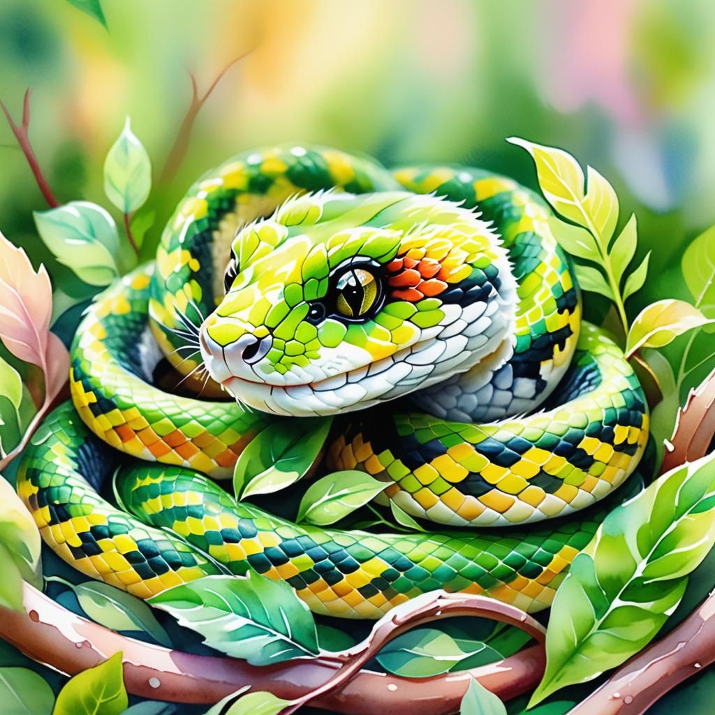 Furry Baby Snake in Vibrant Watercolor Style