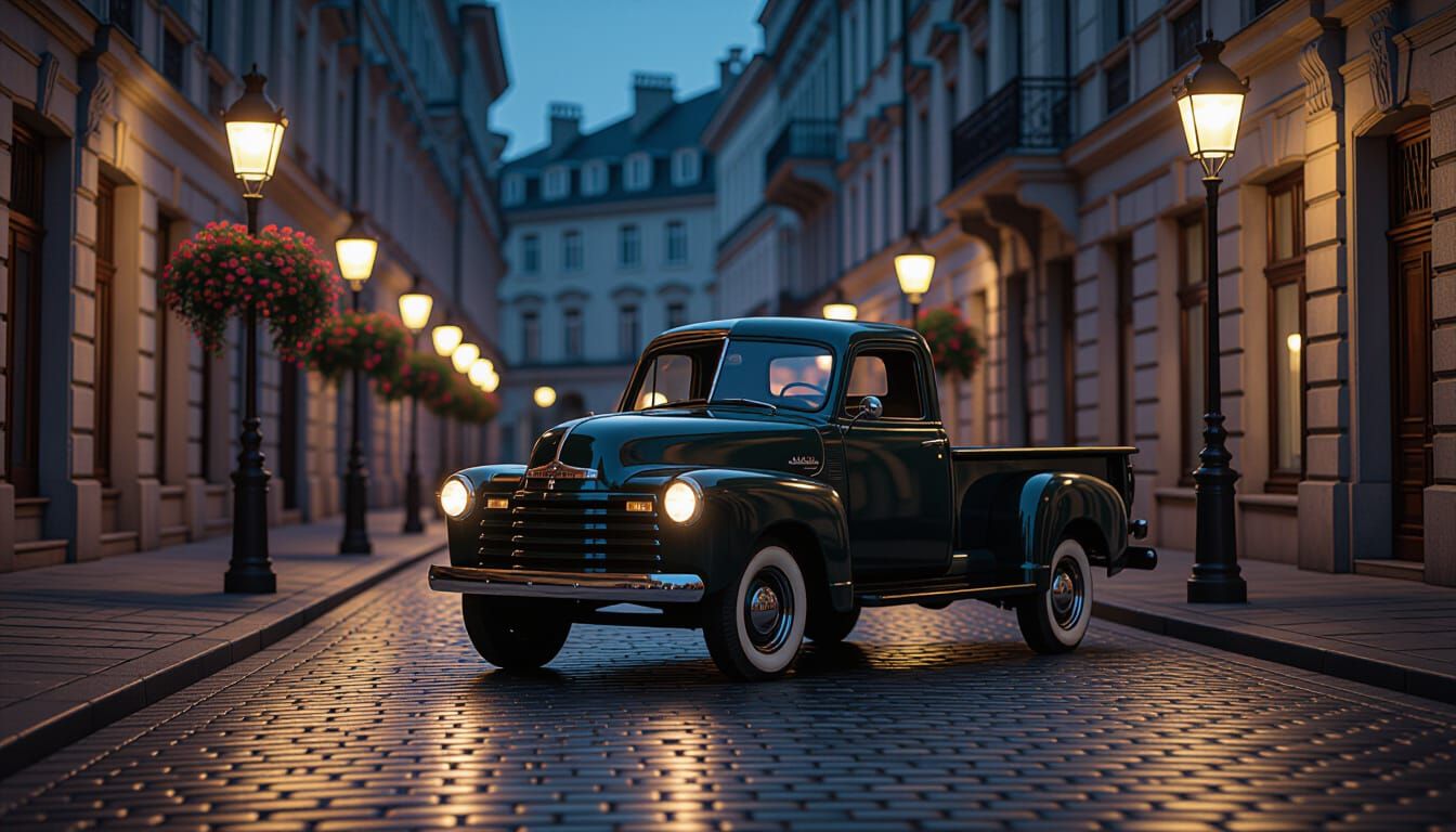 Vintage Truck on Cobblestone Street at Dusk