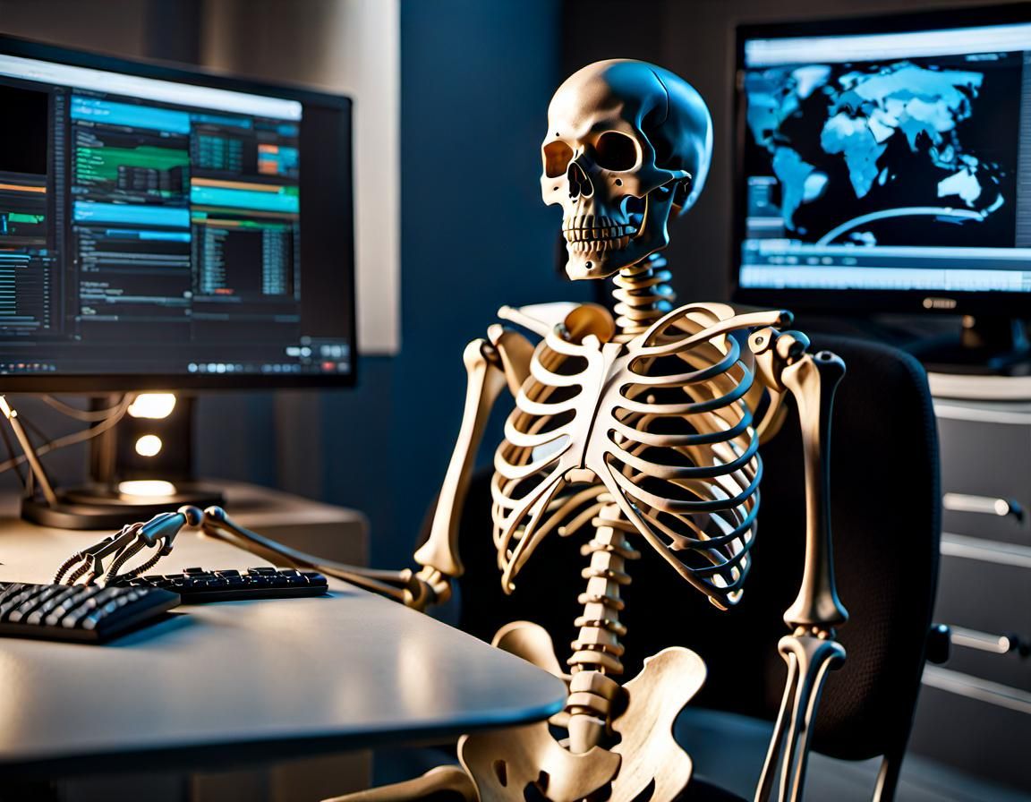 Photorealistic Skeleton Man at Computer in 3D