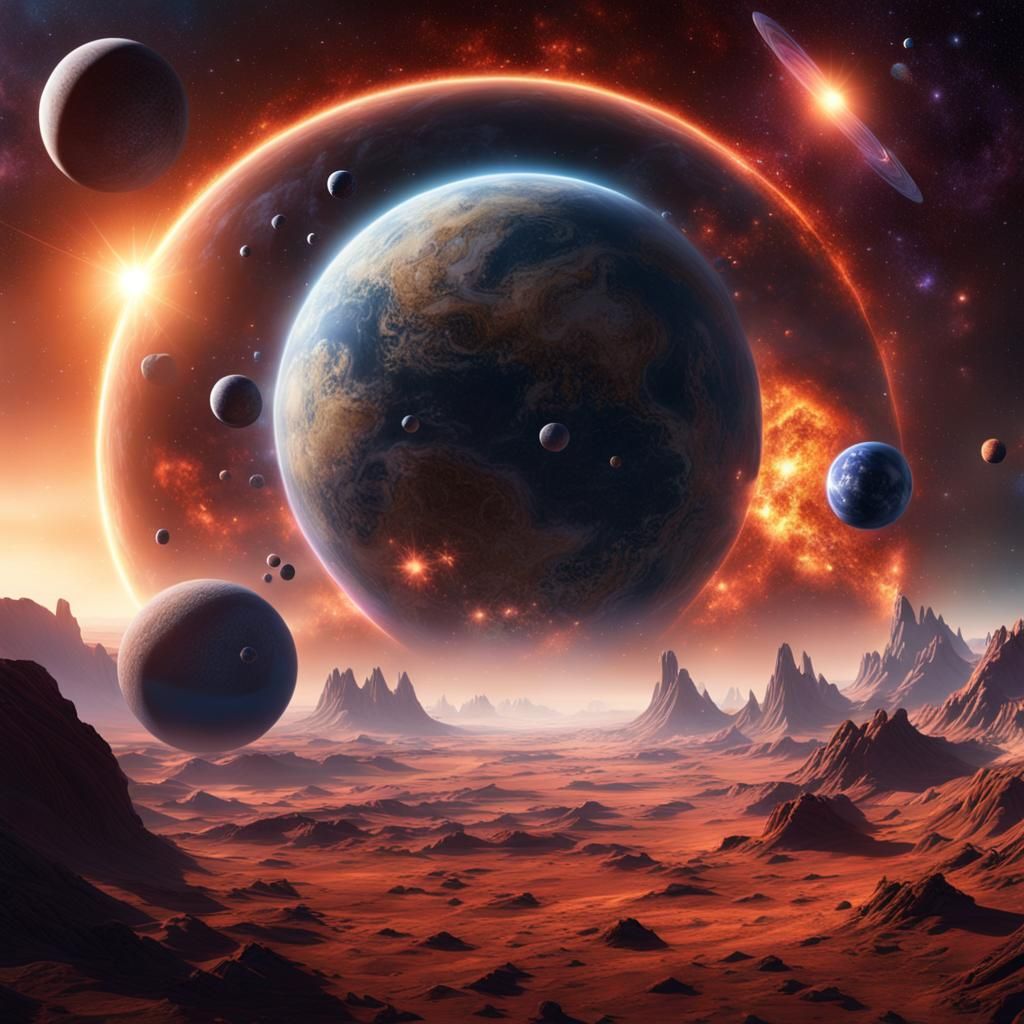 an image featuring celestial bodies in the vastness of space. Include planets, stars, and galaxies to create a captivati...