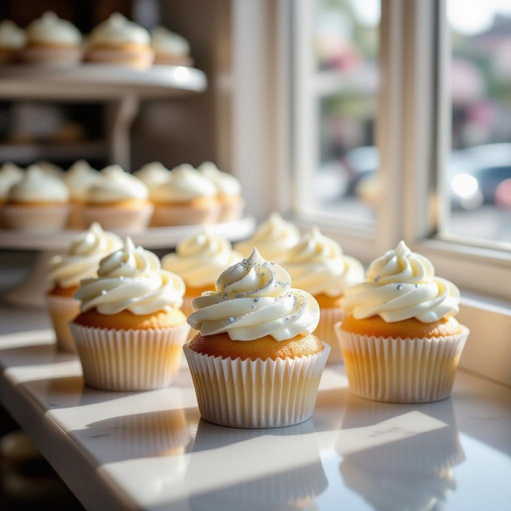 Pastel Cupcakes with Glittery Sprinkles on Bakery Counter