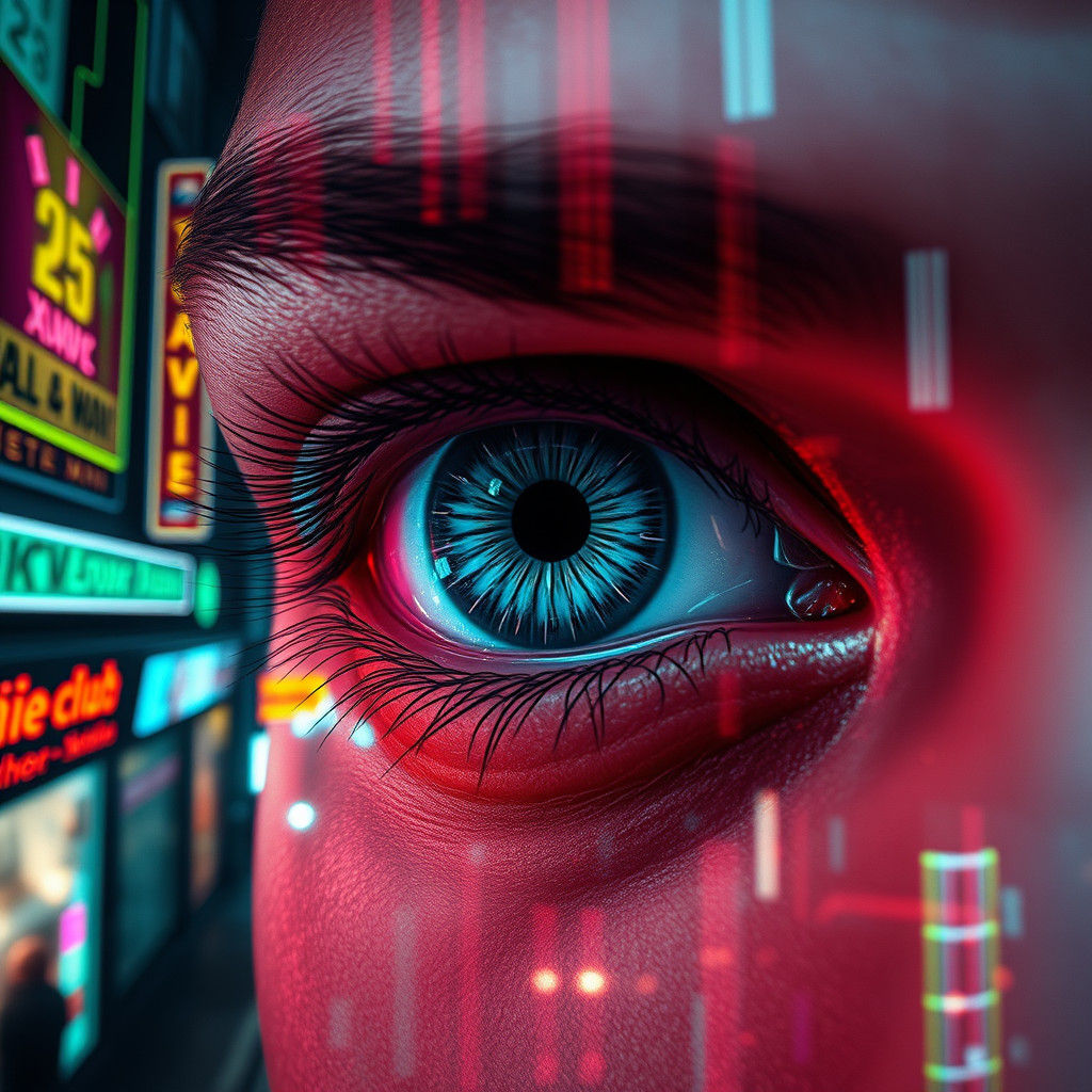 Cyberpunk Eye Reflects Neon Cityscape