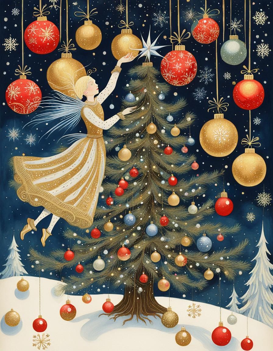 Style of Kay Nielson, naughty fairy on top of the Christmas tree hurling baubles to the ground