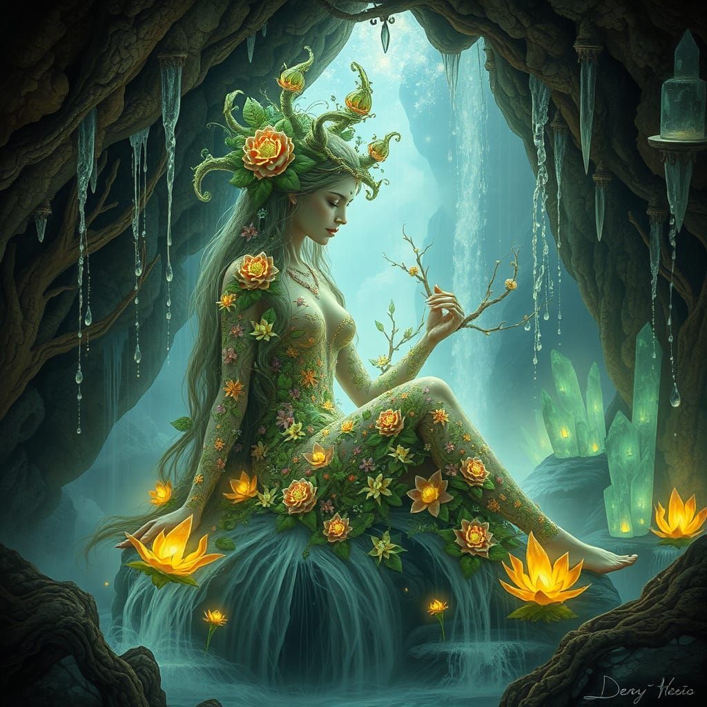 Bioluminescent Goddess in Grotto, Inspired by Ernst Haeckel