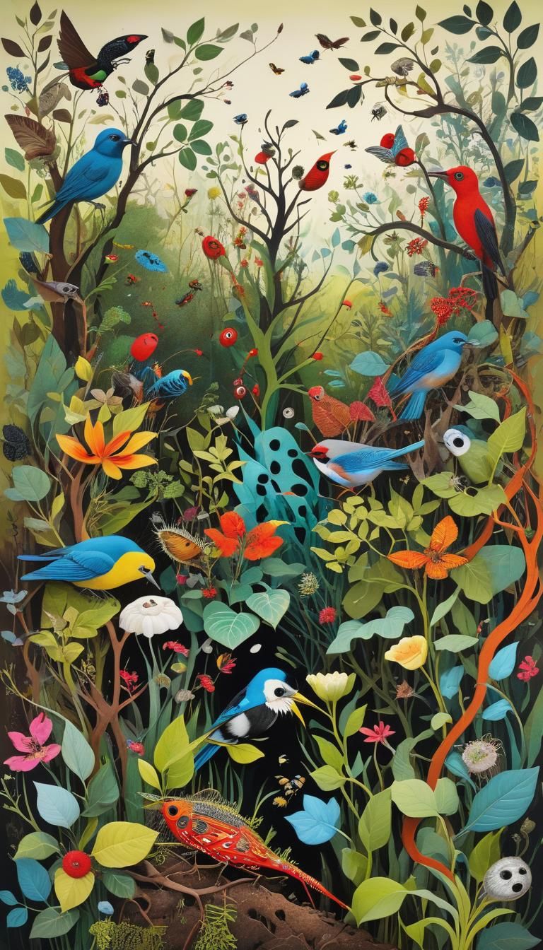 Vibrant Folk Art Collage of Entangled Bank