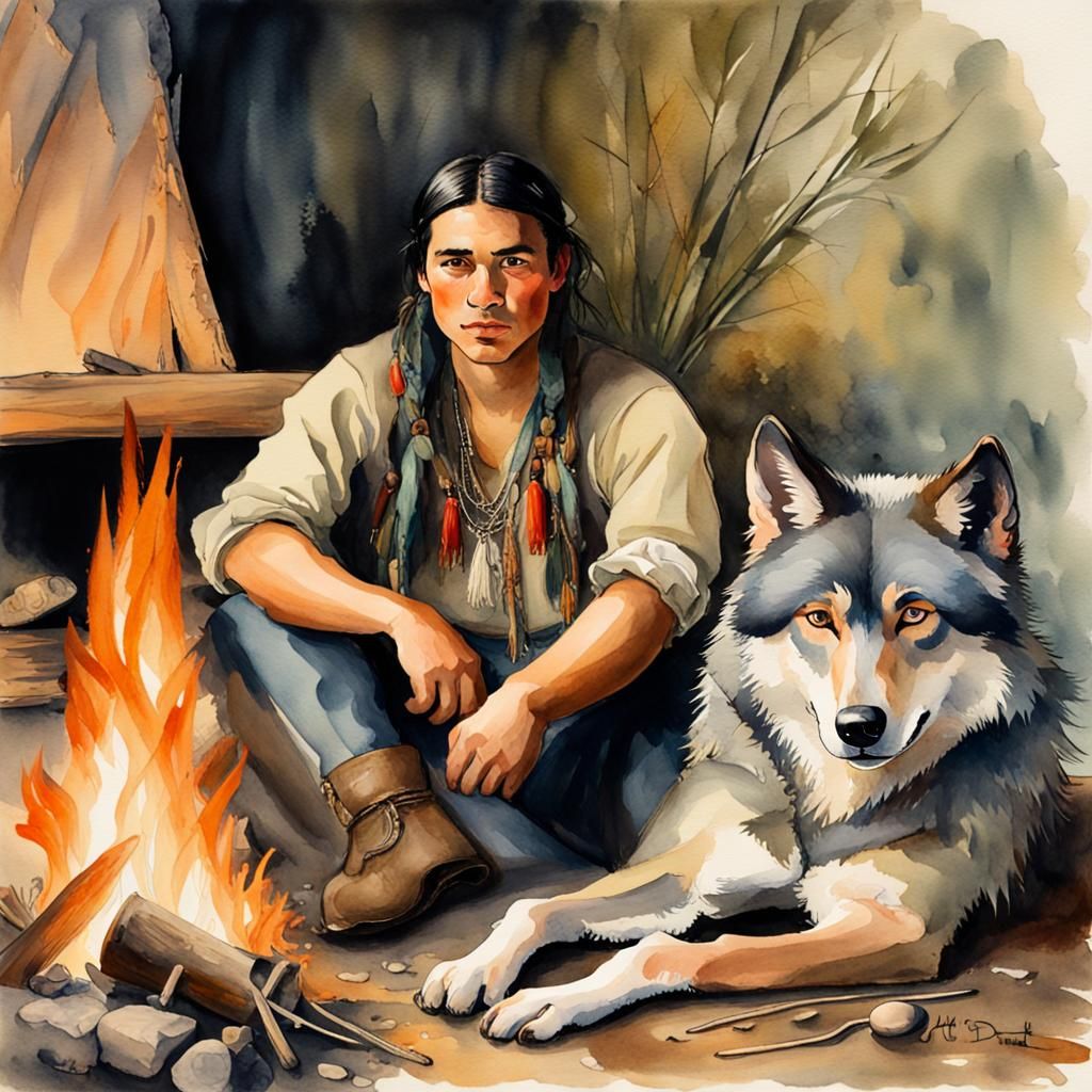 Cherokee Man and Wolf by Fire: Watercolor Painting