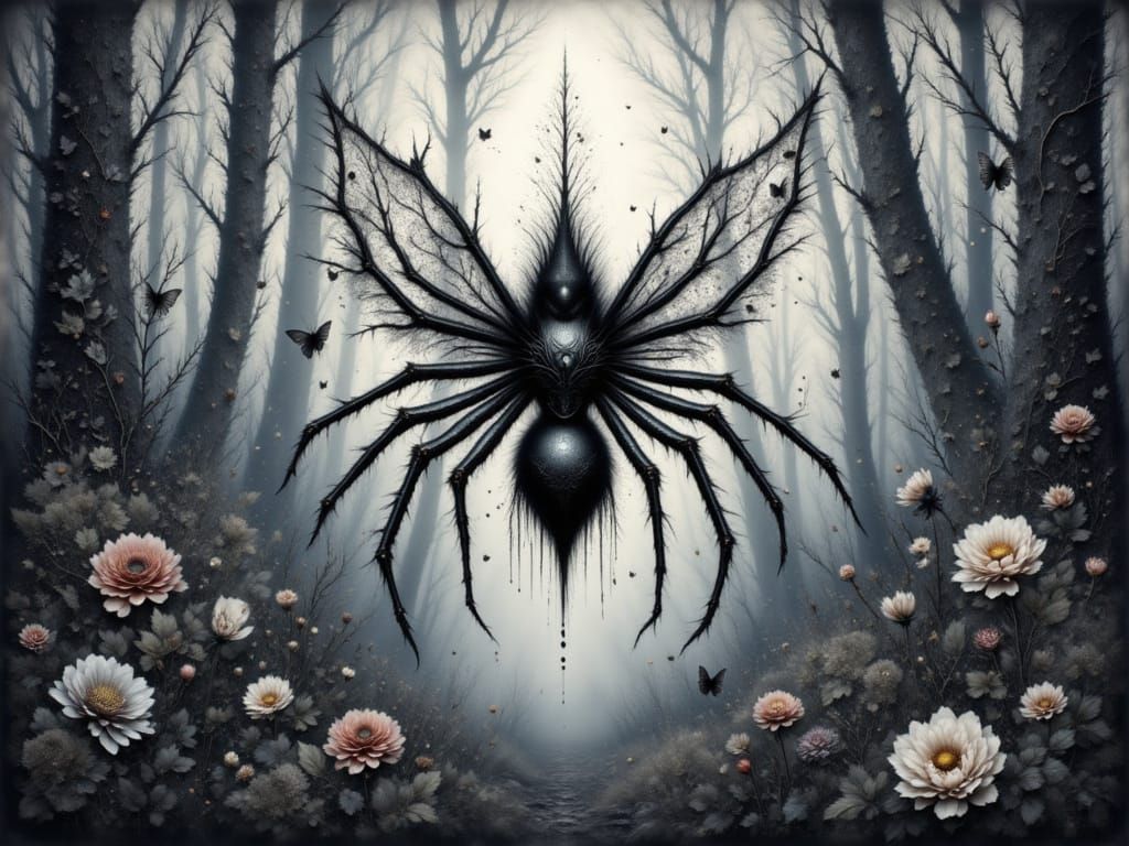 Black Widow Spider Fairy in Gothic Watercolor Forest