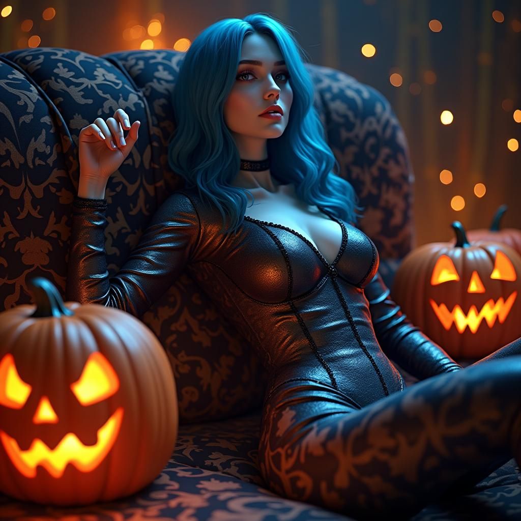Blue-Haired Beauty in Bioluminescent Halloween Fantasy Art