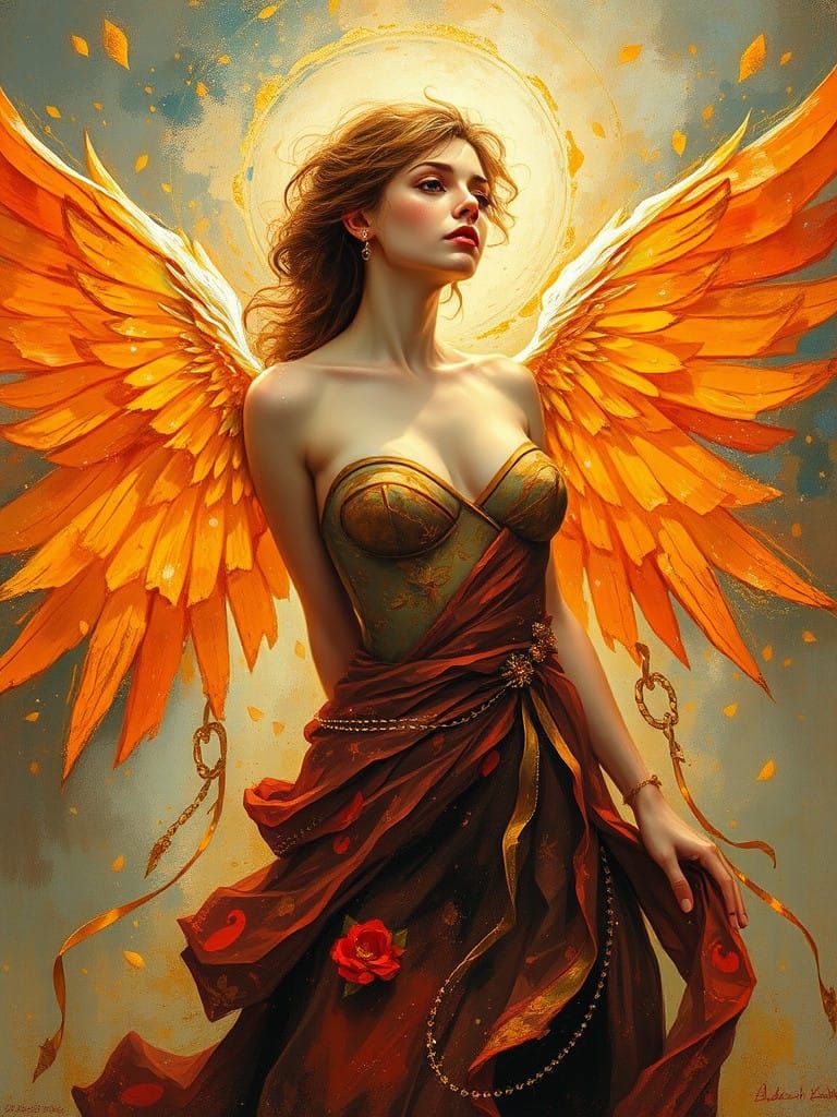 Winged Goddess in Fiery Atmospheric Oils