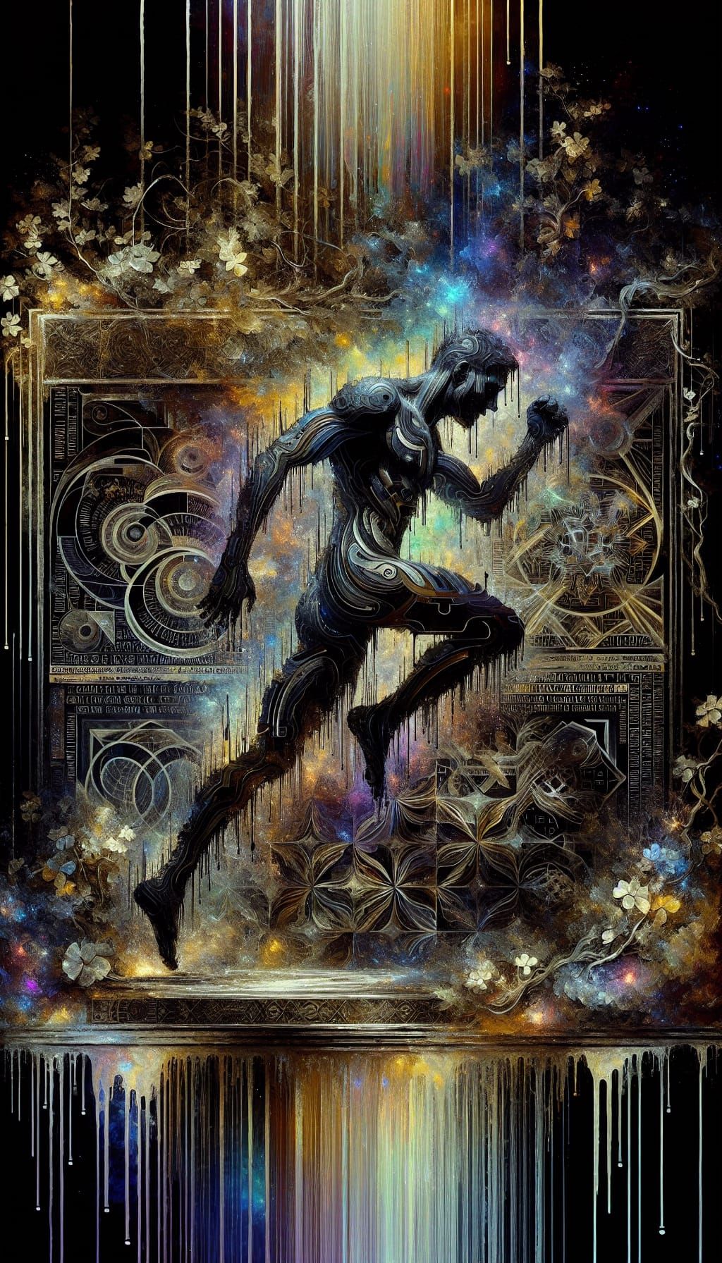 Geometric Figure in Dark Forest, Watercolor Ink Style