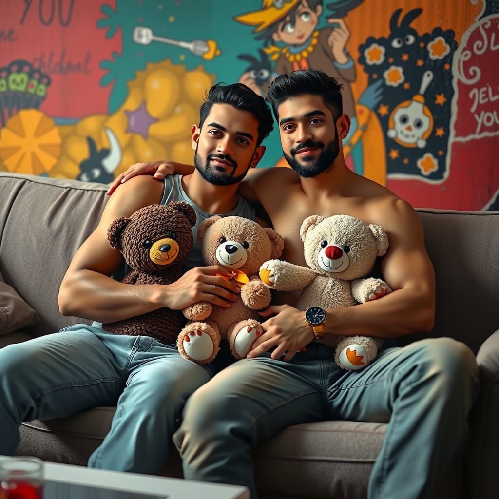 Indian Men Embrace Teddy Bears in Splash Art Style
