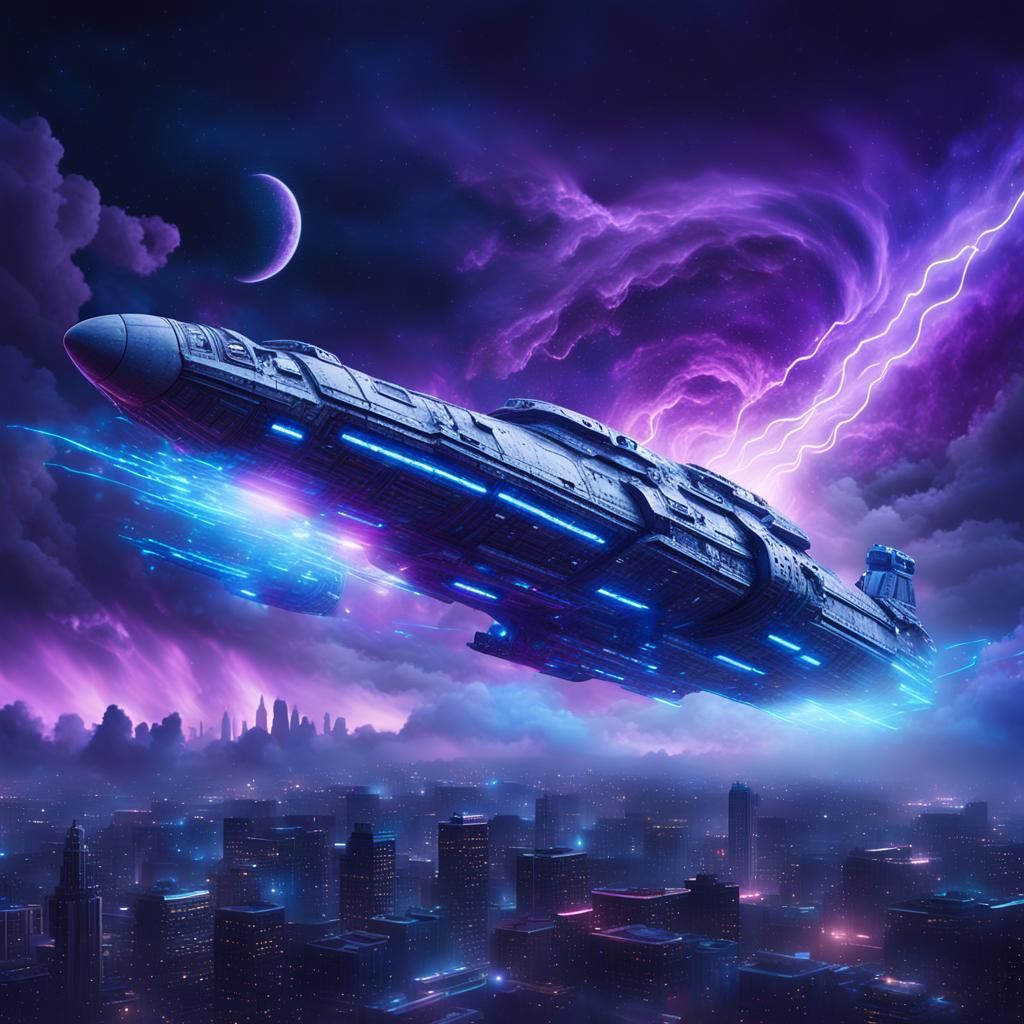 Cinematic Spaceship Teleportation Over Cityscape