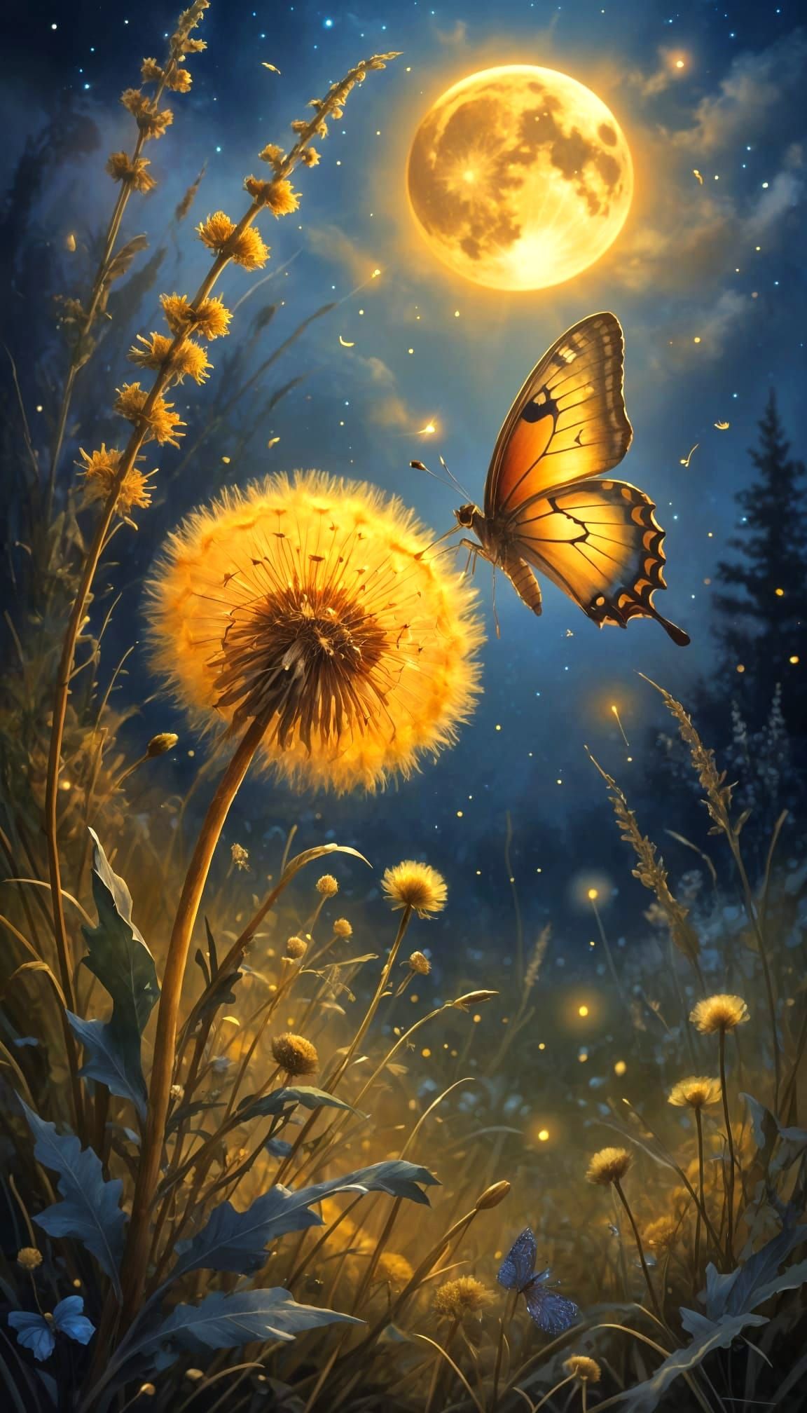 Enchanted Meadow: Luminous Moonlit Butterfly on Golden Dande...