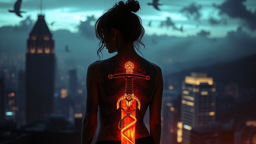 Cyberpunk Anime Goddess with Sword Tattoo in Dreamlike Black...