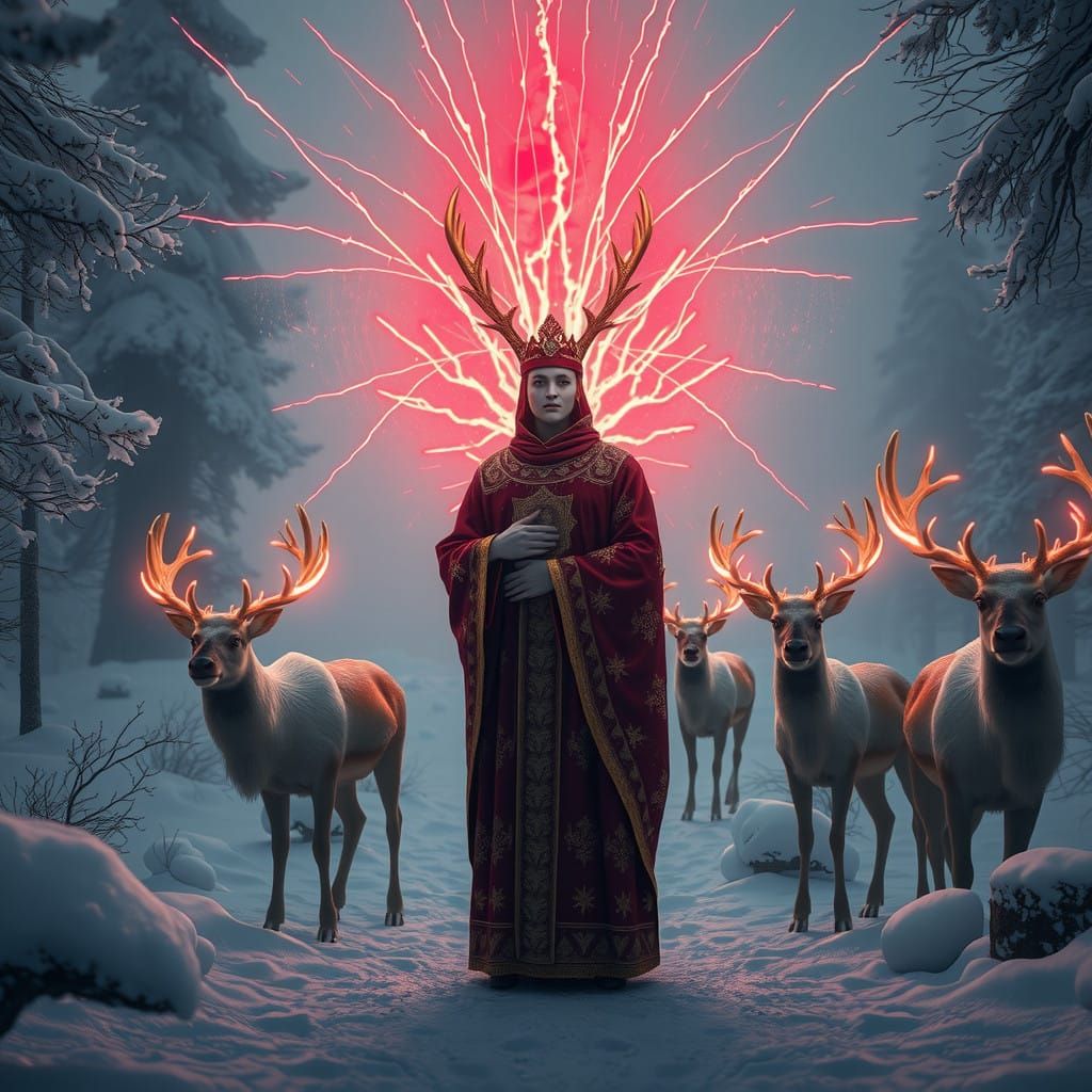 Gigeresque Digital Priest stands amidst a mystical forest, s...