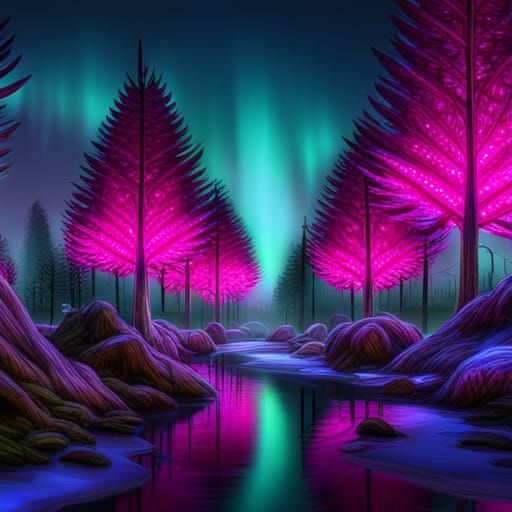 Neon Forest with Glowing Crystal Flora