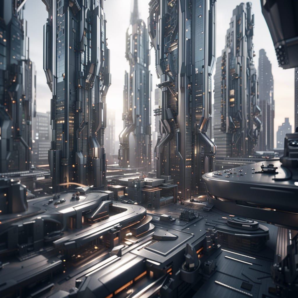 Futuristic Cityscape with Intricate Mech Details