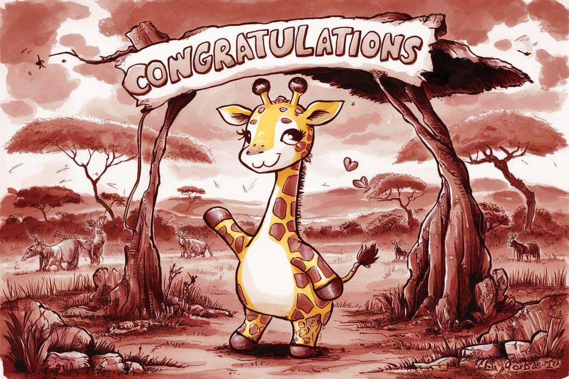 Charming Chibi Giraffe Celebrates: An Ink Painting
