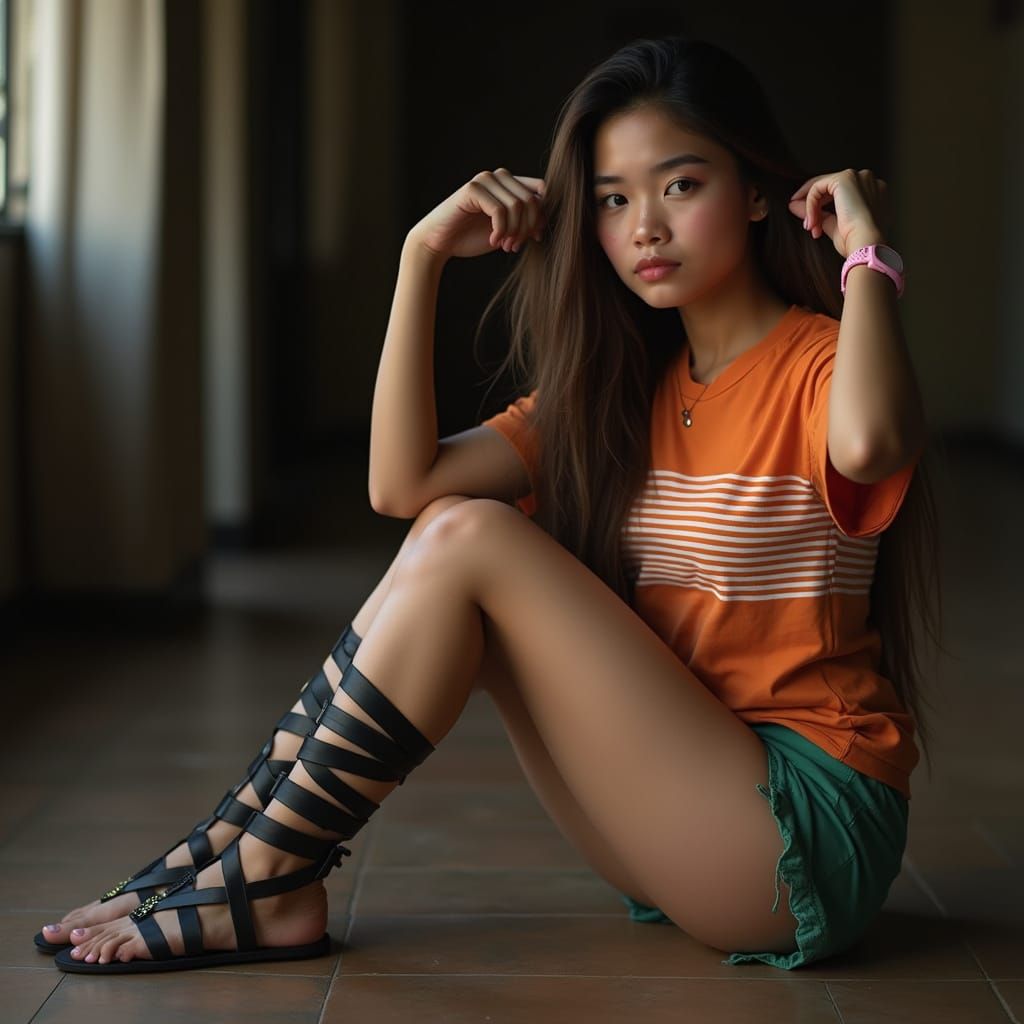Shy Filipina Beauty in Vibrant Outfit, Delicate Feet, and Bl...