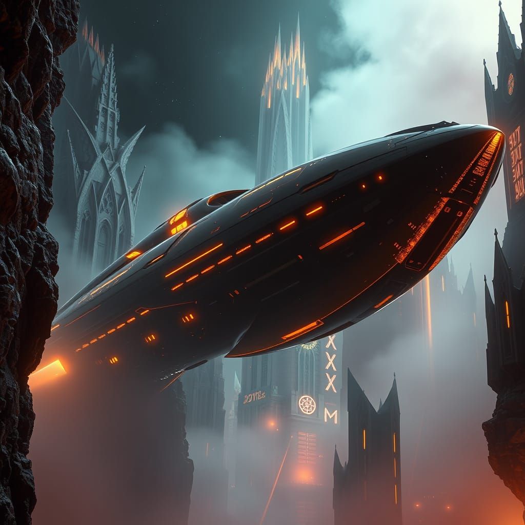 Golden Spaceship Slices Through Dystopian Metropolis