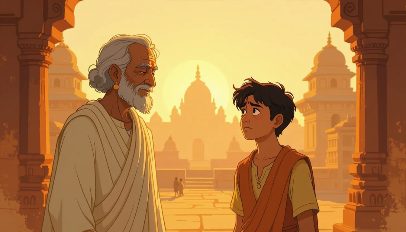Contrasting Figures in Ancient Indian Setting, Warm Lighting