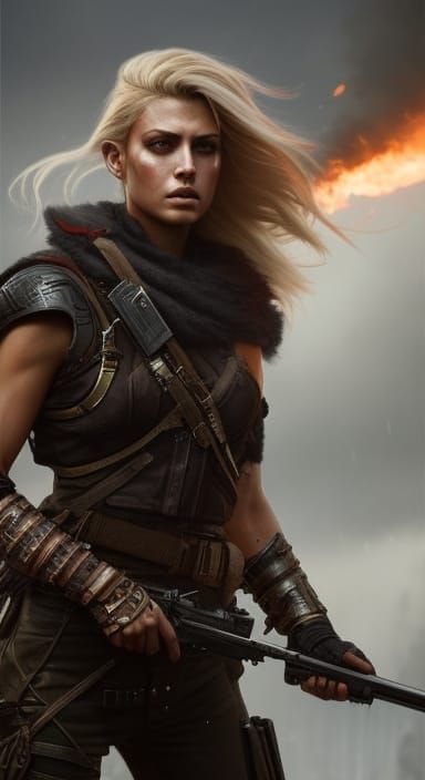 Post-Apocalyptic Warrior Girl in Hyperrealistic Digital Pain...