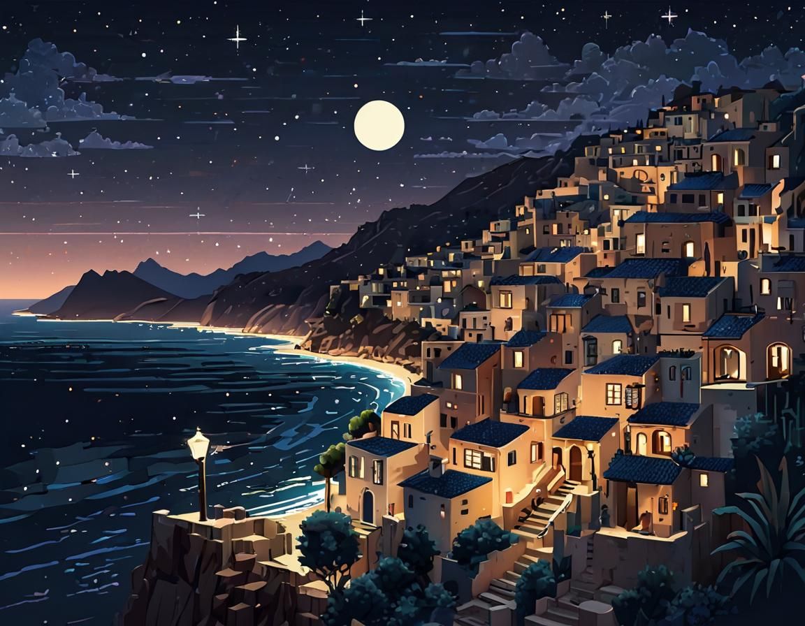 Geometric Pixel Art of Mediterranean Town at Night